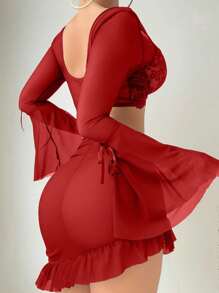 Seduluxe Set de 3 piese: Camizol cu mânecă lungă, plasă contrastantă, sexy, cu volane, cu tiv, tip tanga și armătură, pentru ieșiri în oraș