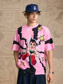 Astro Boy X SHEIN Men's Casual Cartoon Pattern Round Neck Short Sleeve T-Shirt, Summer, 2000s Style - Pink - View 3