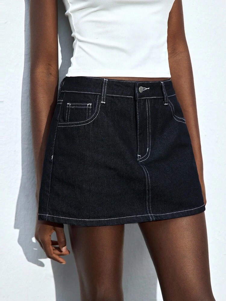 SHEIN Maija Women's Dark Blue Denim Skirt, Low Waist Mini Skirt, Cute Bow Embroidery Classic Denim Skirt Autumn Women's Clothing