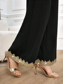 Miaspire Women's Fall And Winter Trousers, Women's Wide-Leg Trousers, Sequin Embroidery Lace Splicing Design Elements, Suitable For Wedding Guests To Wear, Versatile Black Elegant Trousers, Women's Trousers For Going Out And Partying Occasions,Lack Pants - Black - View 1