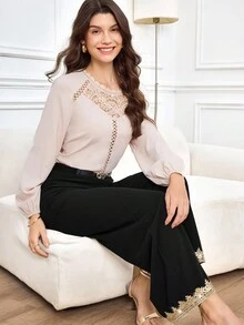 Miaspire Women's Fall And Winter Trousers, Women's Wide-Leg Trousers, Sequin Embroidery Lace Splicing Design Elements, Suitable For Wedding Guests To Wear, Versatile Black Elegant Trousers, Women's Trousers For Going Out And Partying Occasions,Lack Pants - Black - View 7