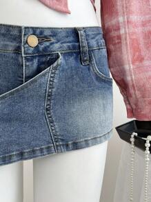 Elamini Quần short denim viền bất đối xứng có túi và nút cho nữ - Màu xanh lam - Xem 5