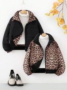 Áo khoác đệm họa tiết da báo đen 2 trong 1 cho bé gái, tối giản, thoải mái và thời trang, kiểu dáng ngắn, phù hợp cho bé gái tiền tuổi thiếu niên - Nhiều màu - Xem 3