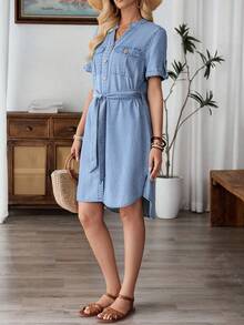 EMERY ROSE 女式V领单排扣短袖休闲宽松牛仔连衣裙