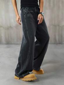 SHEIN Explorewe 青少年男孩街头时尚破洞拼接黑色豹纹侧拼接宽松阔腿松紧腰带牛仔裤 - 黑色 - 查看 5