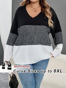 SHEIN CURVE+ Maglione oversize in stile patchwork, abbinamento di colori nero, grigio e bianco, adatto per l'autunno e l'inverno - Multicolore - Visualizzare 1