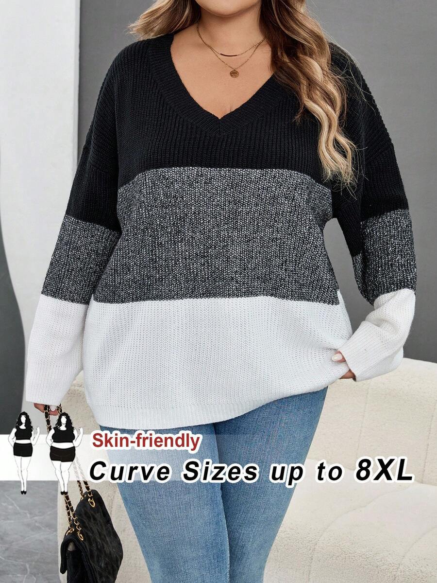 SHEIN CURVE+ Maglione oversize in stile patchwork, abbinamento di colori nero, grigio e bianco, adatto per l'autunno e l'inverno - Multicolore - Visualizzare 1