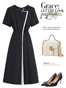 EMERY ROSE Women Contrast Color Round Neck Short Sleeve Casual Commute Dress - Black - View 5