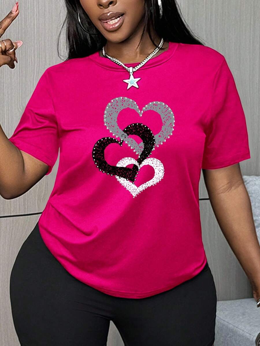 BamGleam Women's Fitted Casual Short Sleeve T-Shirt With Heart Print - Hot Pink - View 1