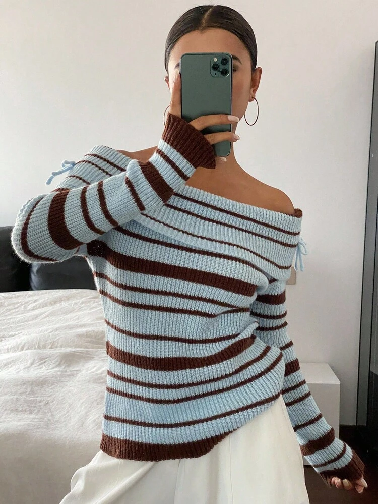 Women's Elegant Contrast Striped Off Shoulder Long Sleeve Fitted Sweater, Autumn/Winter