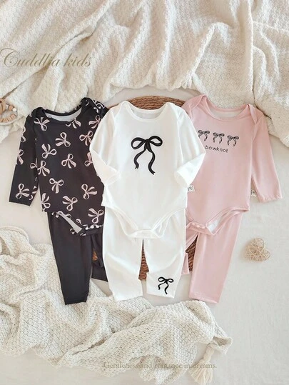 6 件套女婴蝴蝶印花休闲肩带长袖连体衣和配套裤子睡衣套装，公主风格，适合春、夏、秋、冬