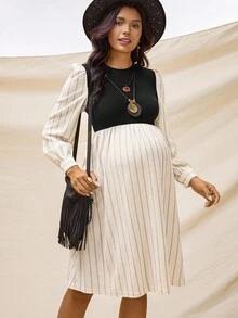 Boho Mama 孕妇装拼接纯色长袖连衣裙 - 黑色 - 查看 5