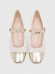 CUCCOO BIZCHIC 女式拼色方头扣带平底玛丽珍鞋 - 米色 - 查看 2