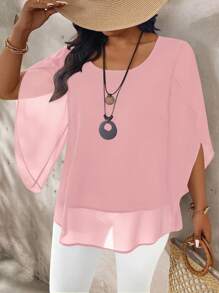 SHEIN LUNE Plus Size Women's Plus Size Cap Sleeve Sheer Elegant Blouse