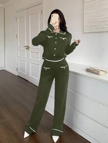 Feyla 2 件套女士撞色纽扣前口袋长袖上衣和裤子套装秋冬两件套 - 綠色 - 查看 3