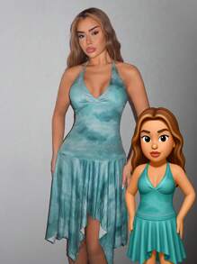 SHEIN ICON 女士波西米亚风性感优雅飘逸乡村扎染水钻蓝绿色 V 领无袖修身荷叶边不对称下摆露背印花连衣裙 - 淺藍色 - 查看 1