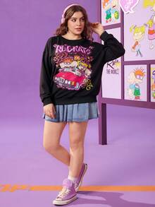 Nick 90s | SHEIN Plus Size Women's Summer Fall Autumn Y2k Cleanfit Atry Chic Cute Retro Vintage Casual Alternative Back To School Clothes Kawaii  Streetwear Loose Black Black Cartoon Pattern Crew Neck Sweatshirt Winter