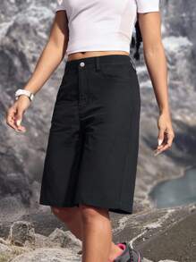 EMERY ROSE Quần short denim ống rộng có túi, dáng rộng, thường ngày, đa năng dành cho nữ - Màu xanh lam - Xem 3
