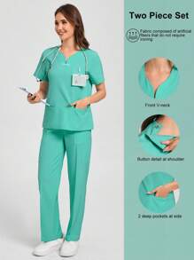 Scrubzie Scrub Uniform Set, Short Sleeve Top And Pants, Solid Color - Green - View 1