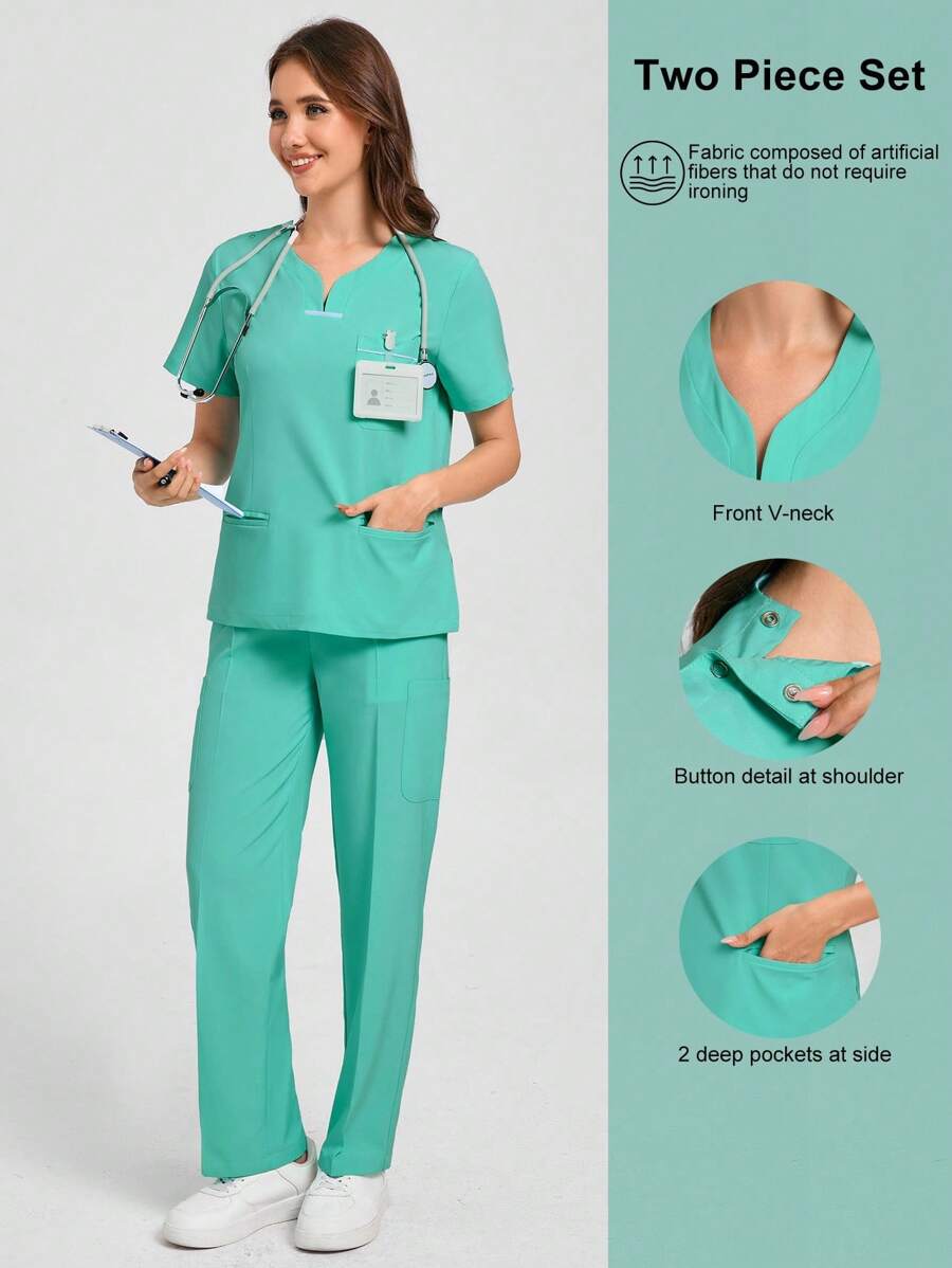 Scrubzie Scrub Uniform Set, Short Sleeve Top And Pants, Solid Color - Green - View 1