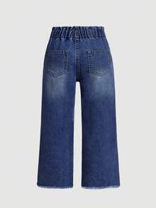 SHEIN Young Girl' Light Blue New Ripped Elastic Waist Ruffle Hem Denim Jeans, Spring/Summer