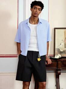 SWAVVY 2 件男士梭织休闲宽松短袖衬衫和松紧腰直筒短裤套装