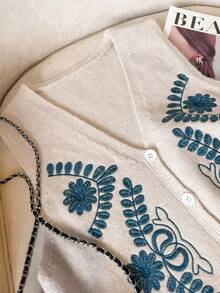 SHEIN Frenchy 女士休闲无袖针织背心，植物刺绣V领单排扣，秋季女装，休闲女装，冬季 - 杏色 - 查看 3