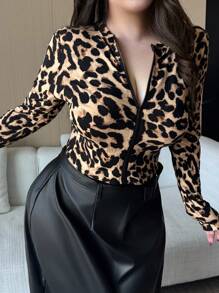 Dazy Plus Veste courte à manches longues en jersey léopard élastique pour femmes grandes tailles, nouvelle arrivée pour le début de l'automne - Kaki - Voir 1