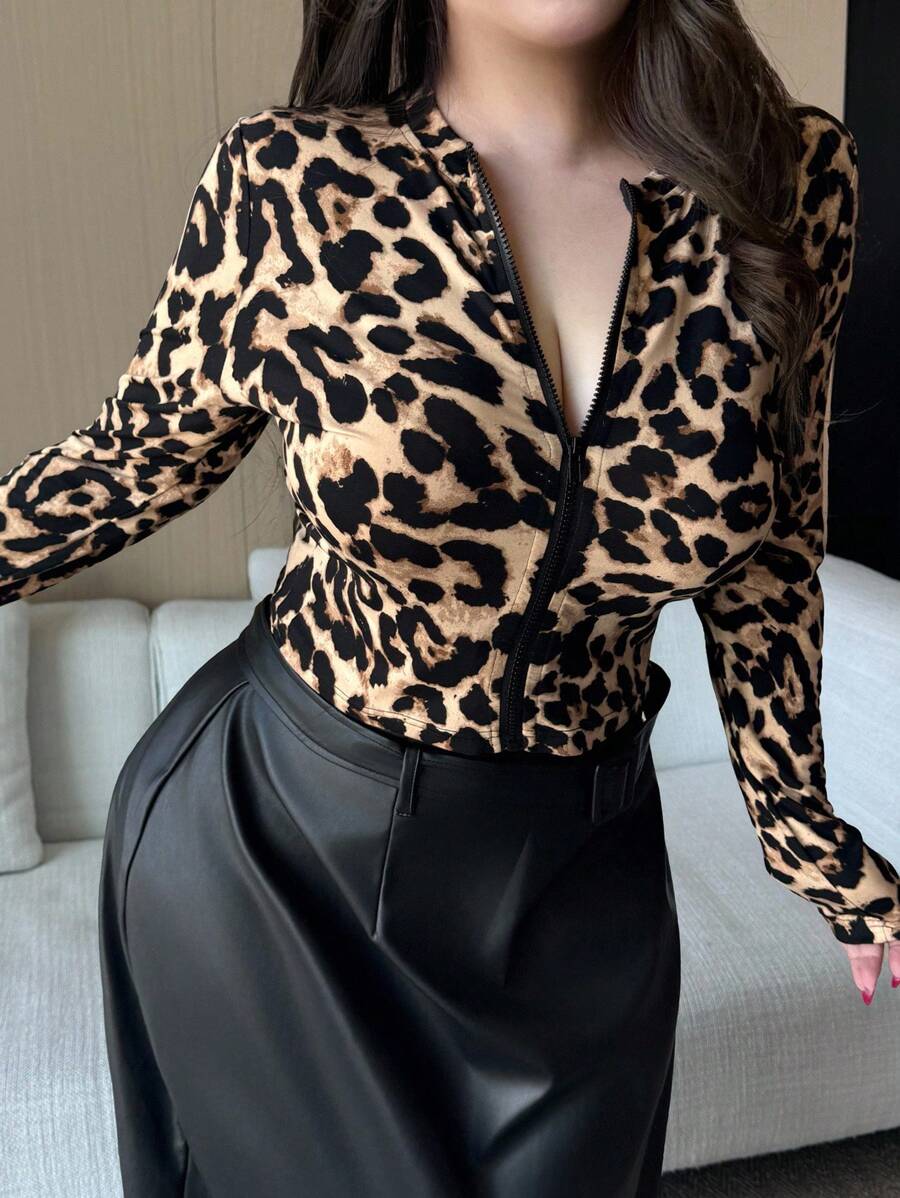 Dazy Plus Veste courte à manches longues en jersey léopard élastique pour femmes grandes tailles, nouvelle arrivée pour le début de l'automne - Kaki - Voir 1
