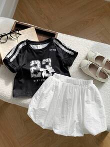 2pcs Young Girl Knitted Numeric Pattern V-Neck T-Shirt And Ruffle Hem Skirt Set - Blue - View 8