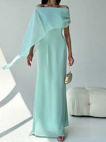 Aloruh New Off Shoulder Boat Neck Asymmetric Ruffle Fitted Dress, Elegant Birthday Party Cocktail Dress, Long Maxi Green Mermaid Hem Gown,Fall Dresses For Women,Prom Dress,Fall Wedding Guest Dress