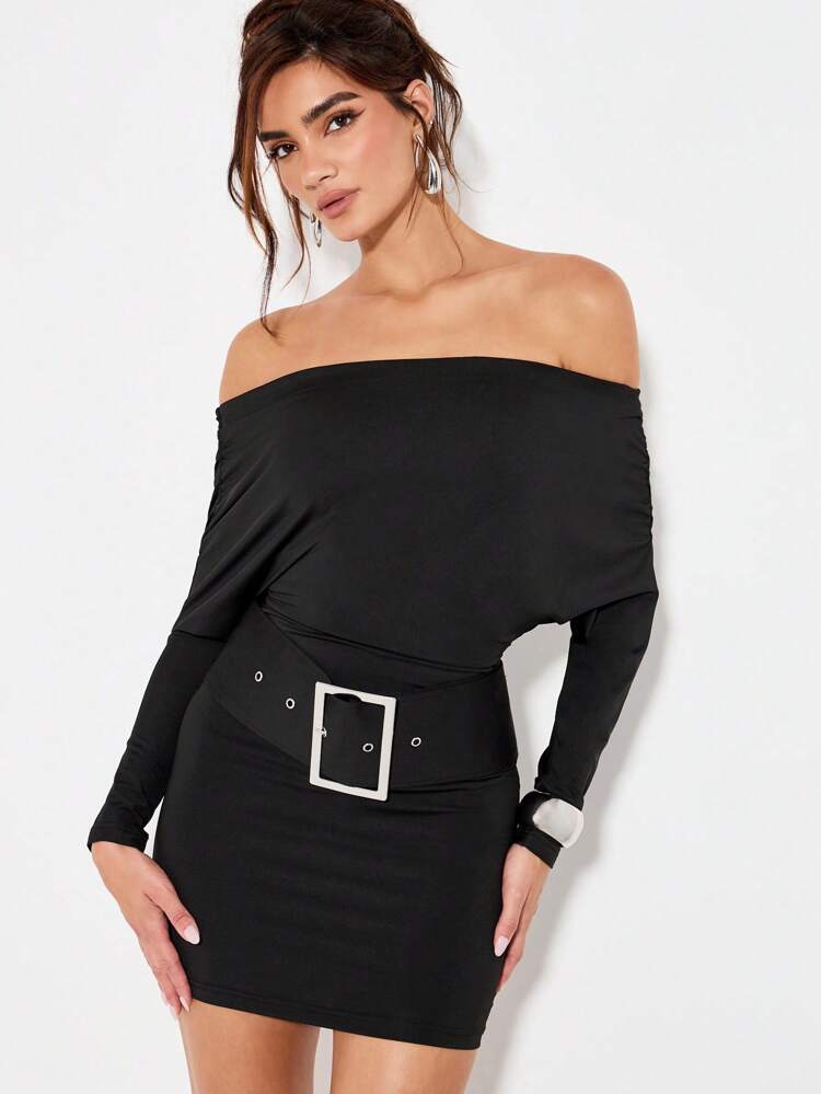 KIZN Off Shoulder Draped Mini Dress With Belt