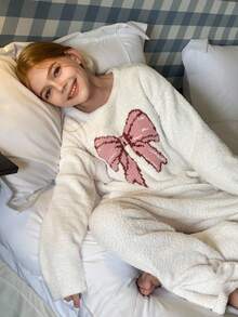 DAZY 冬季少女圆领蝴蝶印花半羊毛宽松睡衣 - 米色 - 查看 5