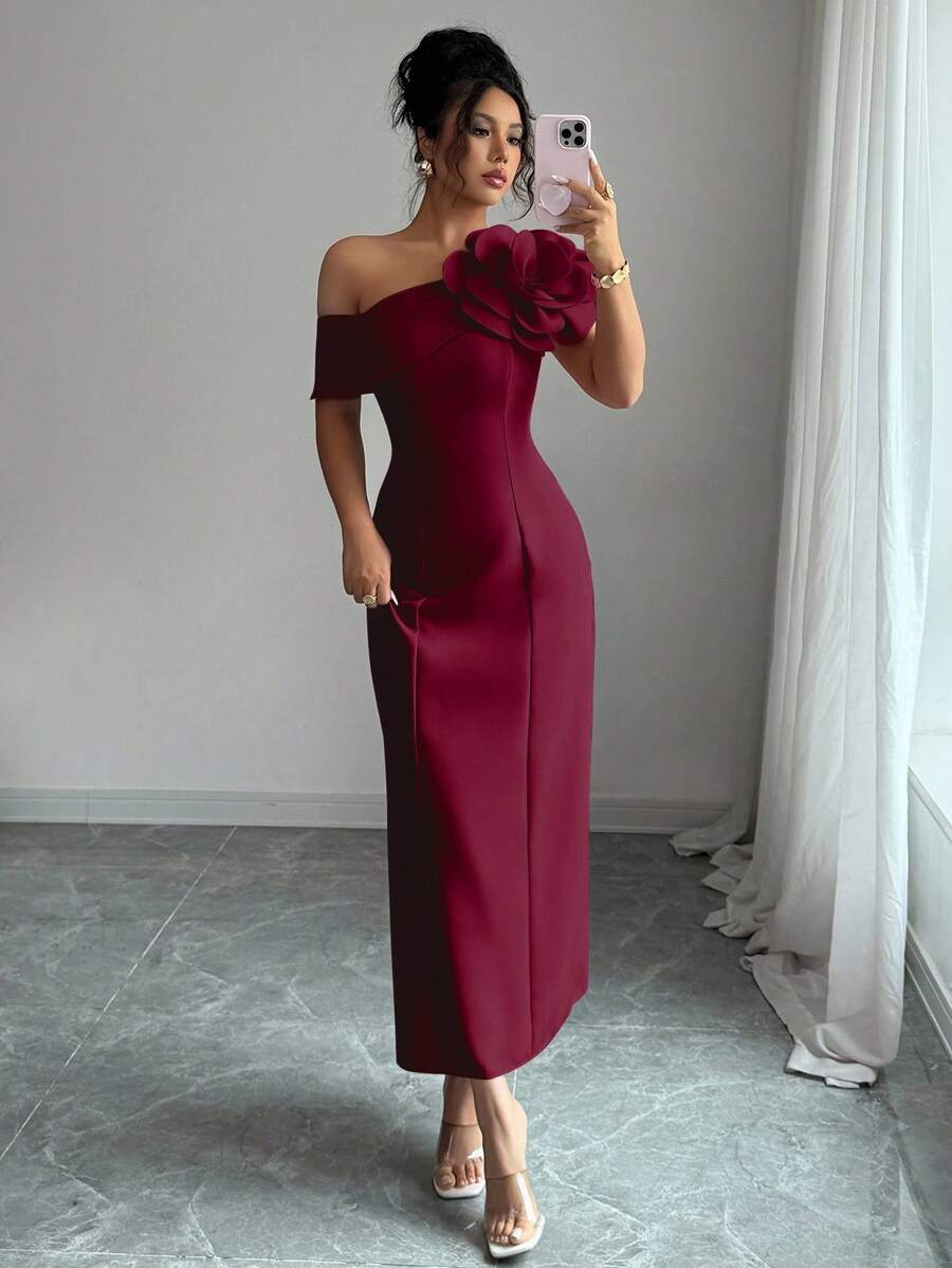 Modelyn Vestido de fiesta elegante francés con hombros oblicuos y decoración floral para mujer - Burdeos - Ver 1