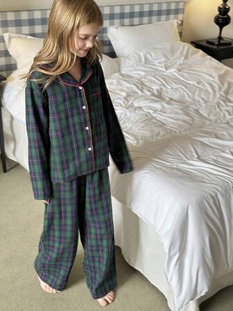 DAZY Tween Girl Plaid Single-Breasted Long Sleeve Top And Pants Pajama Set