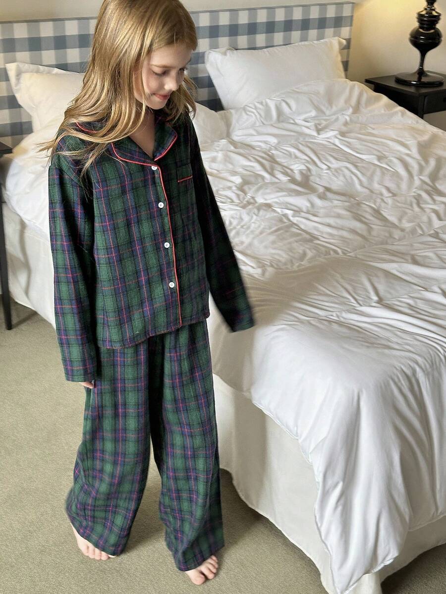 Hapijoa Tween Girl Plaid Single-Breasted Long Sleeve Top And Pants Pajama Set - Dark Green - View 1