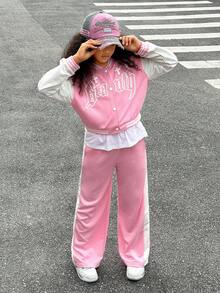 SHEIN Explorewe 2pcs/Set Tween Girls Pink Autumn Casual School Back-To-School Loose 3D Embroidery Patchwork Contrast Color Jacket With Sports Pants,Daily Commuting - Pink - View 3