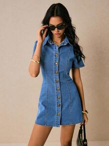 Poéselle 女式短袖单排扣休闲牛仔连衣裙 - 中等水洗藍 - 查看 1