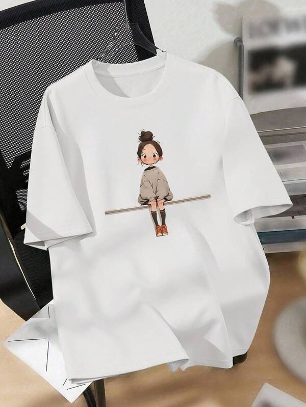 SHEIN LUNE T-shirt casual aderente da donna taglie forti con immagine stampata di una bambina che indossa un cappotto imbottito seduta su una sedia, estivo