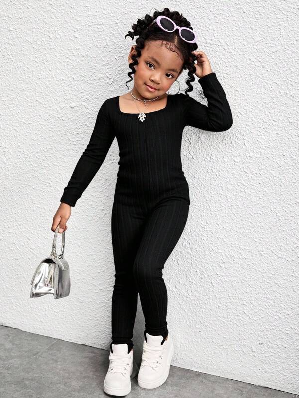 Young Girls' Black High Elasticity Fleece Ribbed Fabric Street Casual Solid Color Crew Neck Long Sleeve Fitted Jumpsuit, Matching Sister Set