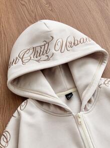 EASEVO Plus Size Men's Letter Print Long Sleeve Zip Front Pocket Casual Hoodie , Fall - Apricot - View 4