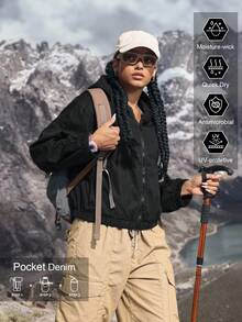 Women's Fashion Hooded Denim Jacket,Black Autumn Basic Casual Occasion,Pocket Lightweight Quick Dry UV Protection Outdoor Hiking Sun Protection Jacket - Black - View 1