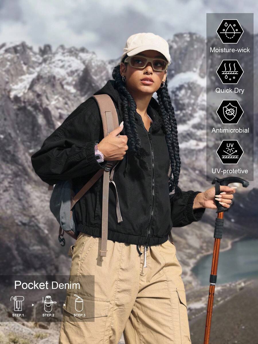 Women's Fashion Hooded Denim Jacket,Black Autumn Basic Casual Occasion,Pocket Lightweight Quick Dry UV Protection Outdoor Hiking Sun Protection Jacket - Black - View 1