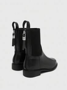 CUCCOO BIZCHIC 时尚英伦风女式后拉链靴，黑色针织弹力圆头平底厚底踝靴，圣诞节必备