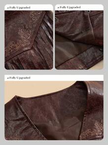 Anewsta Women's Floral Print Fringed PU Leather Single Breasted Vest Jacket - Maroon - View 3