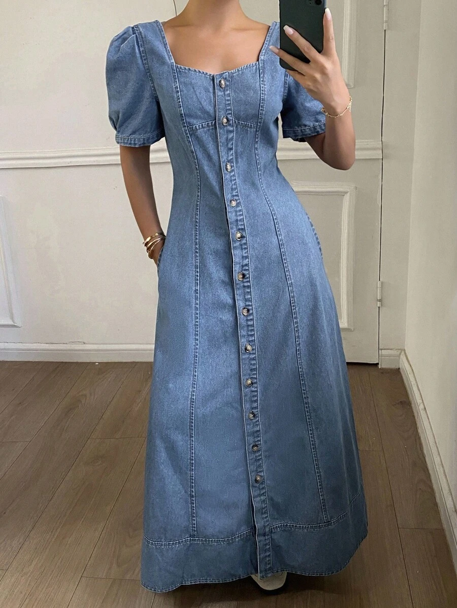 Livesso Vestido de mezclilla de verano con cuello cuadrado, mangas abullonadas y cintura ceñida