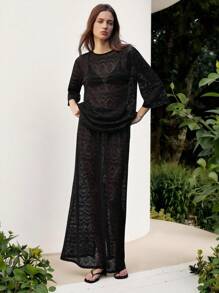Maija Women's Sexy Solid Color Hollow Out Sheer T-Shirt,Boho Women Clothing - Black - View 9