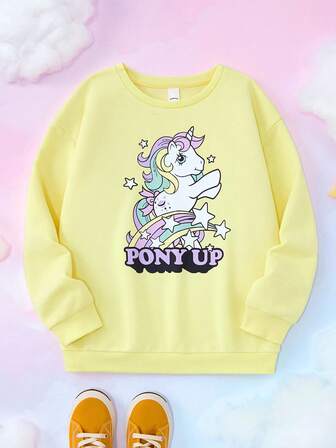 My Little Pony X SHEIN Tween Girl Letter & Cartoon Graphic Crew Neck Long Sleeve Sweatshirt Fall Winter