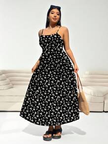 SHEIN EZwear Váy dài giản dị tối giản đa năng dành cho nữ với họa tiết hoa nhỏ, dây đeo mảnh có thể điều chỉnh, buộc lại, viền chữ A, khóa kéo ẩn, cỡ lớn, phù hợp cho các buổi đi chơi mùa xuân/hè - Nhiều màu - Xem 7