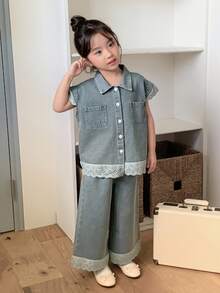 DAZY 2件套少女蕾丝拼接韩版牛仔衬衫和宽松牛仔短裤套装 - 中等水洗藍 - 查看 6
